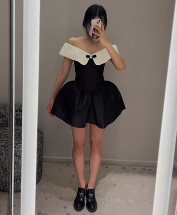 Stunning A Line Off the Shoulder White Black Satin Short Homecoming Dress Birthday Dress HZ1023